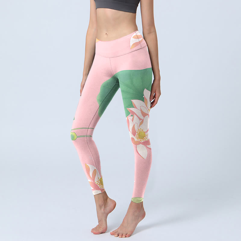 Buddha Stones Pink Lotus Flower Leaf Print Gym Fitness Leggings Women's Yoga Pants - LightPink - US18，UK/AU22，EU50 (4XL) - image 0