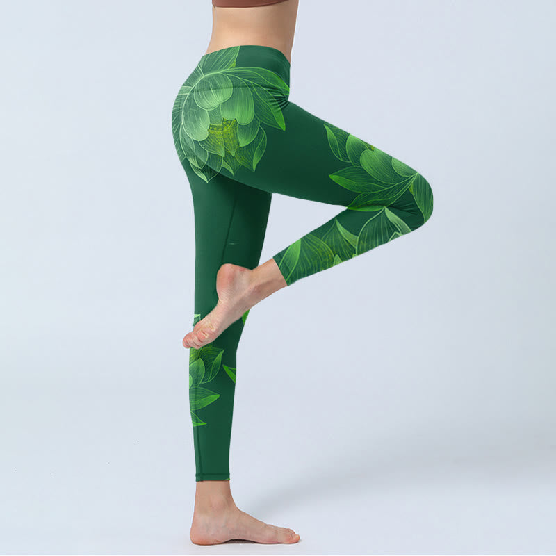 Buddha Stones Dark Green Lotus Flower Leaf Print Gym Fitness Leggings Women's Yoga Pants - image 4