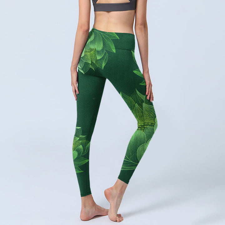 Buddha Stones Dark Green Lotus Flower Leaf Print Gym Fitness Leggings Women's Yoga Pants