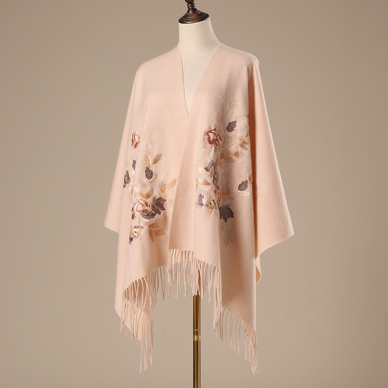 Buddha Stones Wool Shawl White Pink Flowers Golden Leaves Embroidery Tassel Winter Cozy Travel Scarf Wrap