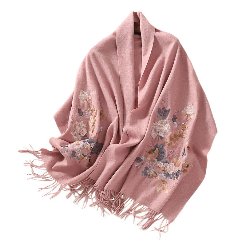 Buddha Stones Wool Shawl White Pink Flowers Golden Leaves Embroidery Tassel Winter Cozy Travel Scarf Wrap - image 13