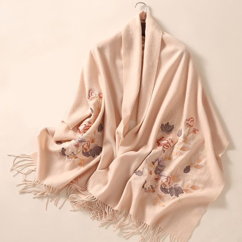 Buddha Stones Wool Shawl White Pink Flowers Golden Leaves Embroidery Tassel Winter Cozy Travel Scarf Wrap