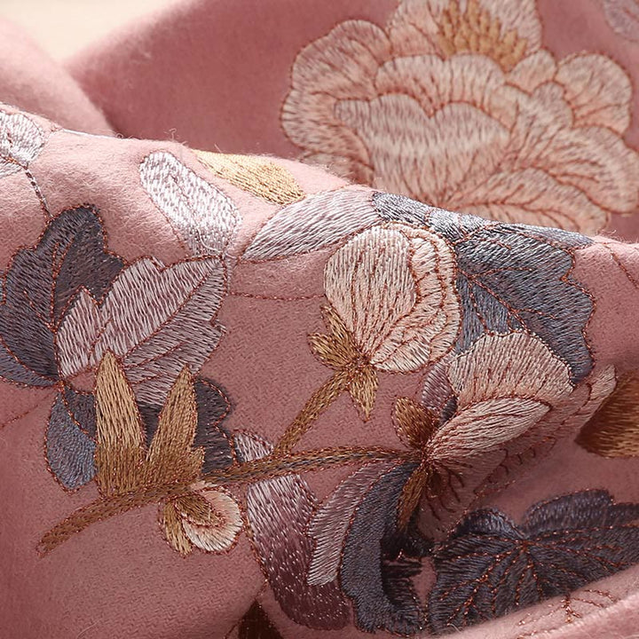 Buddha Stones Wool Shawl White Pink Flowers Golden Leaves Embroidery Tassel Winter Cozy Travel Scarf Wrap