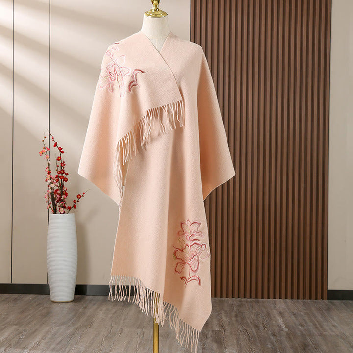 Buddha Stones Wool Shawl Lily Embroidery Tassel Winter Cozy Travel Scarf Wrap - PeachPuff - 200*60cm - image 2