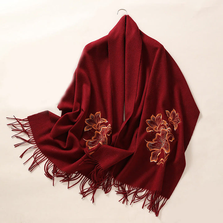 Buddha Stones Wool Shawl Lily Embroidery Tassel Winter Cozy Travel Scarf Wrap - FireBrick - 200*60cm - image 8