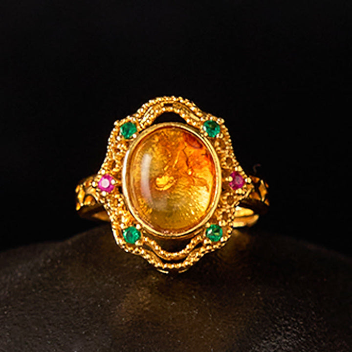 Buddha Stones Flower Amber Hollow Lace Confidence Adjustable Ring