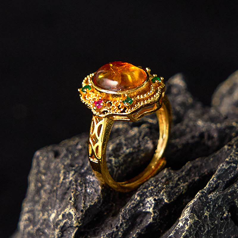 Buddha Stones Flower Amber Hollow Lace Confidence Adjustable Ring