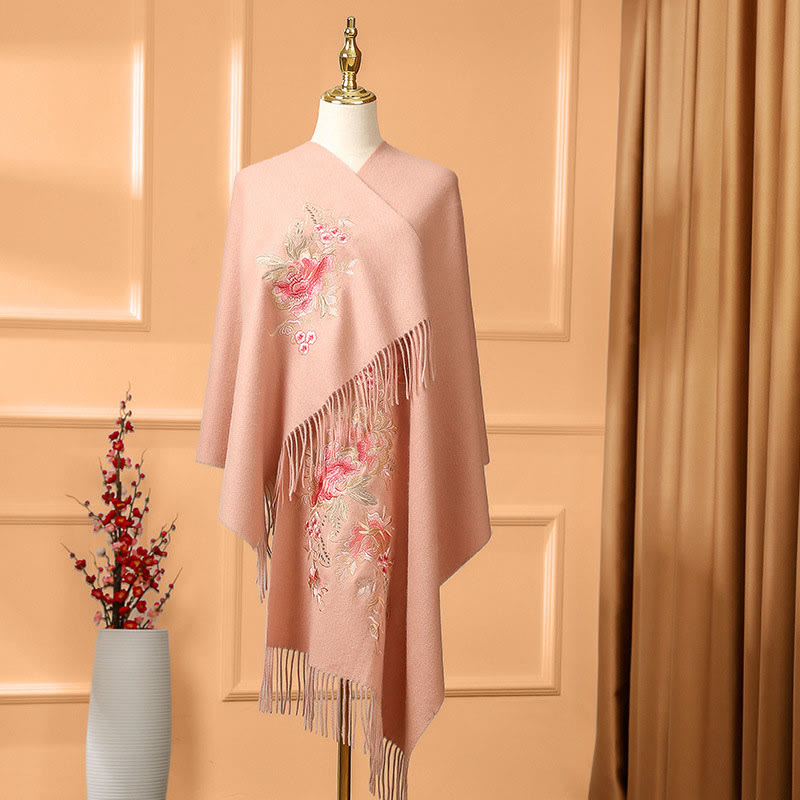 Buddha Stones Wool Shawl Red Flower Leaves Embroidery Tassel Winter Cozy Travel Scarf Wrap - Pink - 200*60cm - image 0