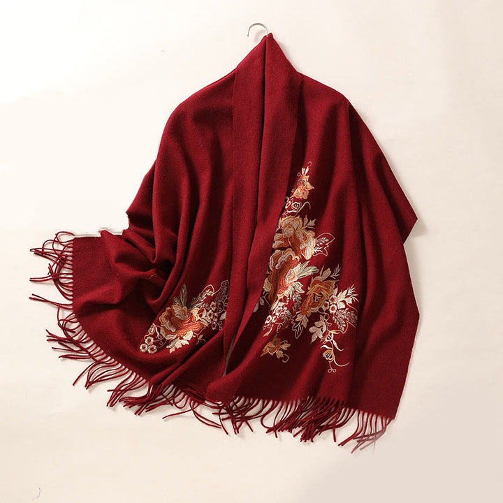 Buddha Stones Wool Shawl Red Flower Leaves Embroidery Tassel Winter Cozy Travel Scarf Wrap