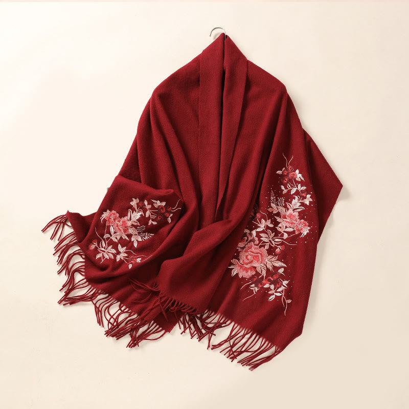 Buddha Stones Wool Shawl Red Flower Silver Leaves Embroidery Tassel Winter Cozy Travel Scarf Wrap