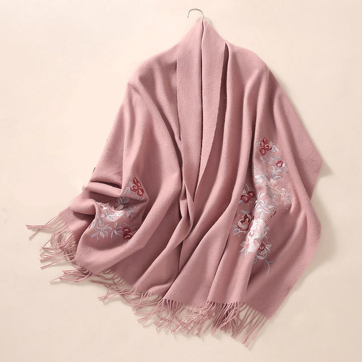 Buddha Stones Wool Shawl Red Flower Silver Leaves Embroidery Tassel Winter Cozy Travel Scarf Wrap