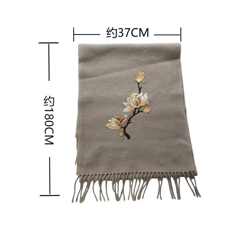 Buddha Stones Wool Shawl Yulan Magnolia Embroidery Tassel Winter Cozy Travel Scarf Wrap - image 7