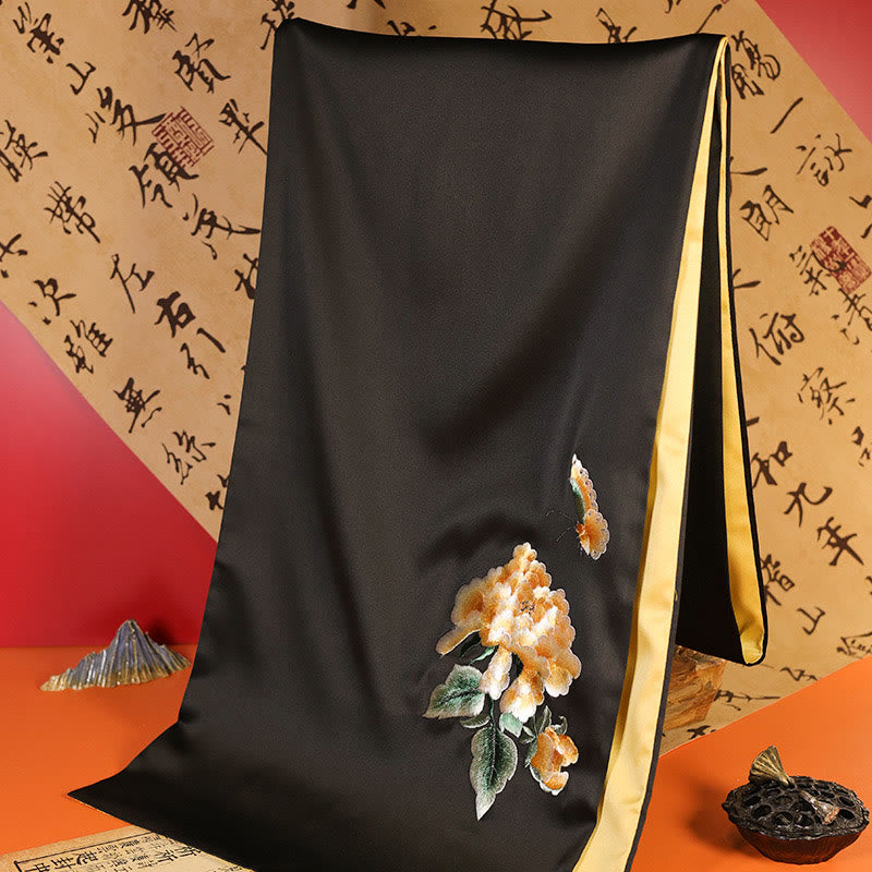 Buddha Stones Polyester Shawl Yulan Butterfly Bamboo Magpie Suzhou Embroidery Winter Cozy Travel Scarf Wrap - Black Peony 183*32cm - image 14