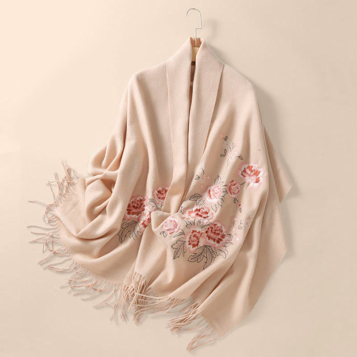 Buddha Stones Wool Shawl Red Peony Embroidery Tassel Winter Cozy Travel Scarf Wrap - image 11