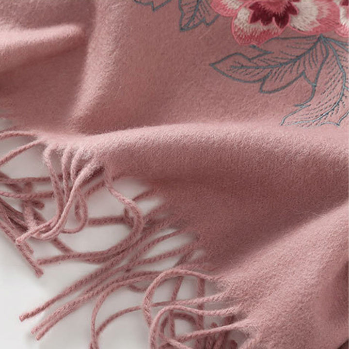 Buddha Stones Wool Shawl Red Peony Embroidery Tassel Winter Cozy Travel Scarf Wrap - image 7