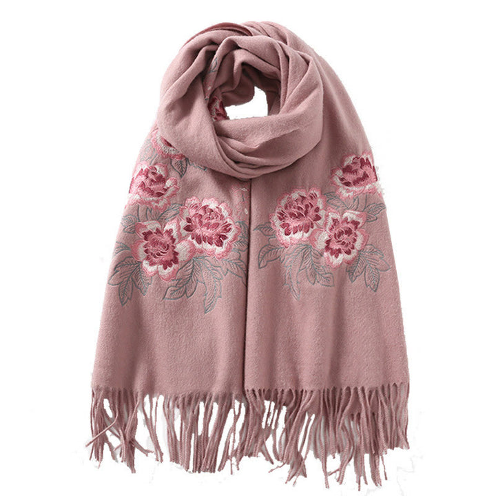 Buddha Stones Wool Shawl Red Peony Embroidery Tassel Winter Cozy Travel Scarf Wrap - image 9
