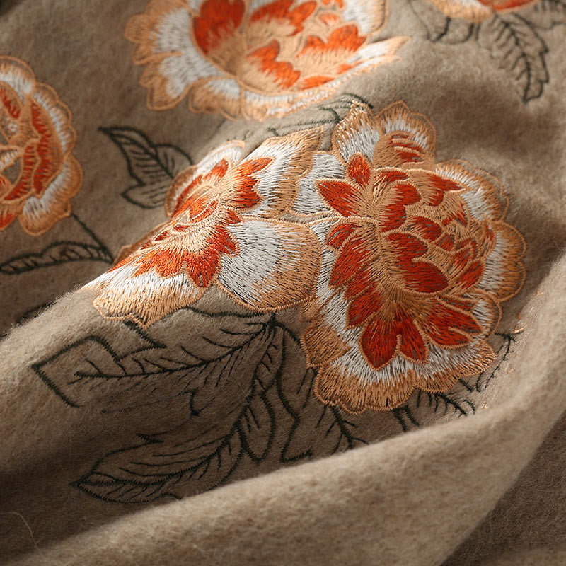 Buddha Stones Wool Shawl Red Peony Embroidery Tassel Winter Cozy Travel Scarf Wrap - image 1