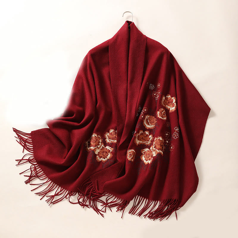 Buddha Stones Wool Shawl Red Peony Embroidery Tassel Winter Cozy Travel Scarf Wrap - FireBrick - 200*60cm - image 12