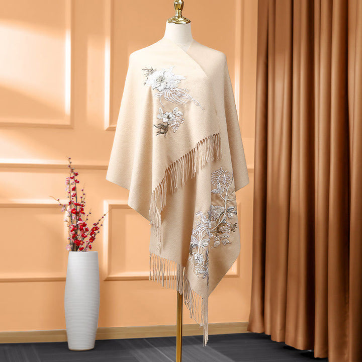 Buddha Stones Wool Shawl White Orange Flower Embroidery Tassel Winter Cozy Travel Scarf Wrap