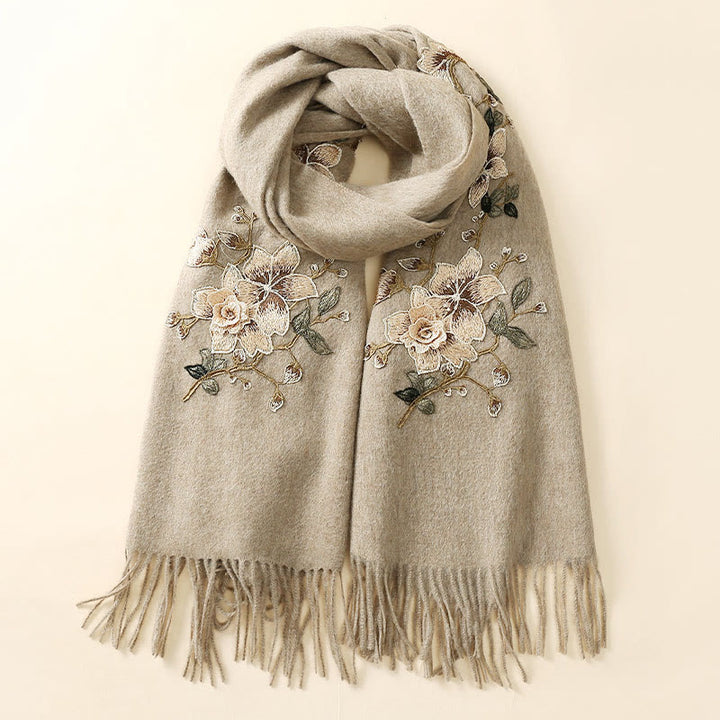 Buddha Stones Wool Shawl White Orange Flower Embroidery Tassel Winter Cozy Travel Scarf Wrap