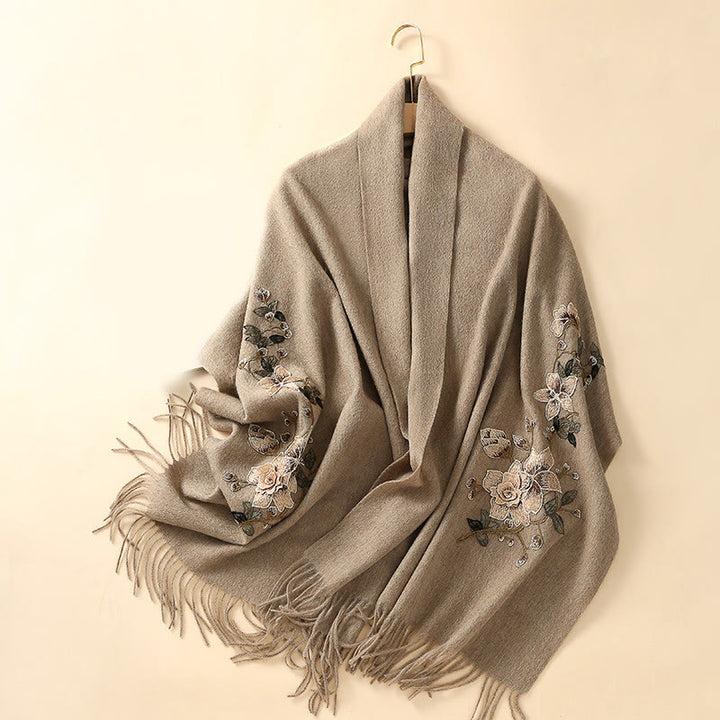 Buddha Stones Wool Shawl White Orange Flower Embroidery Tassel Winter Cozy Travel Scarf Wrap - image 8