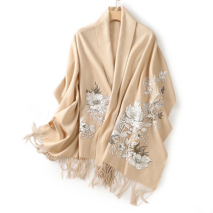 Buddha Stones Wool Shawl White Orange Flower Embroidery Tassel Winter Cozy Travel Scarf Wrap - image 1