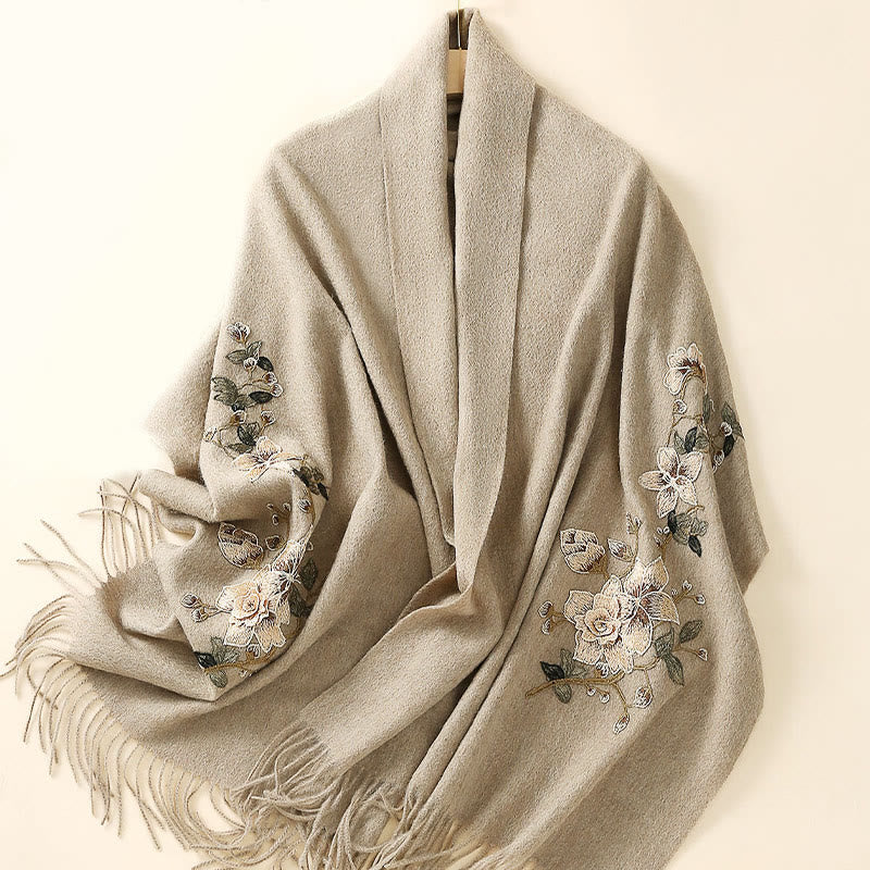 Buddha Stones Wool Shawl White Orange Flower Embroidery Tassel Winter Cozy Travel Scarf Wrap - image 9