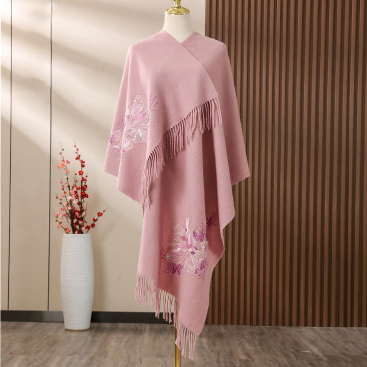 Buddha Stones Wool Shawl Flower Sequin Embroidery Tassel Winter Cozy Travel Scarf Wrap - LightPink - 200*60cm - image 0