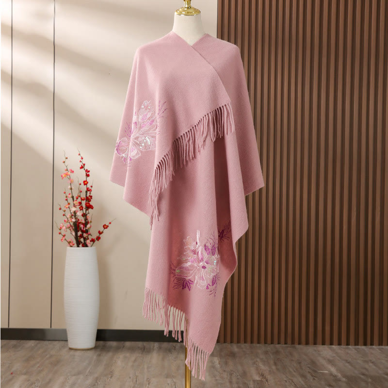 Buddha Stones Wool Shawl Flower Sequin Embroidery Tassel Winter Cozy Travel Scarf Wrap - LightPink - 200*60cm - image 0