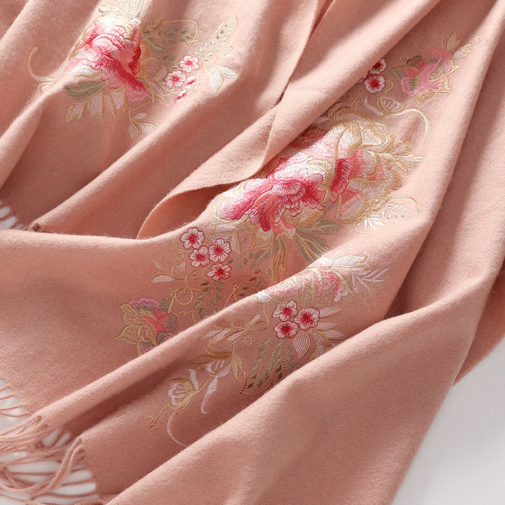 Buddha Stones Wool Shawl Red Pink Flower Embroidery Tassel Winter Cozy Travel Scarf Wrap