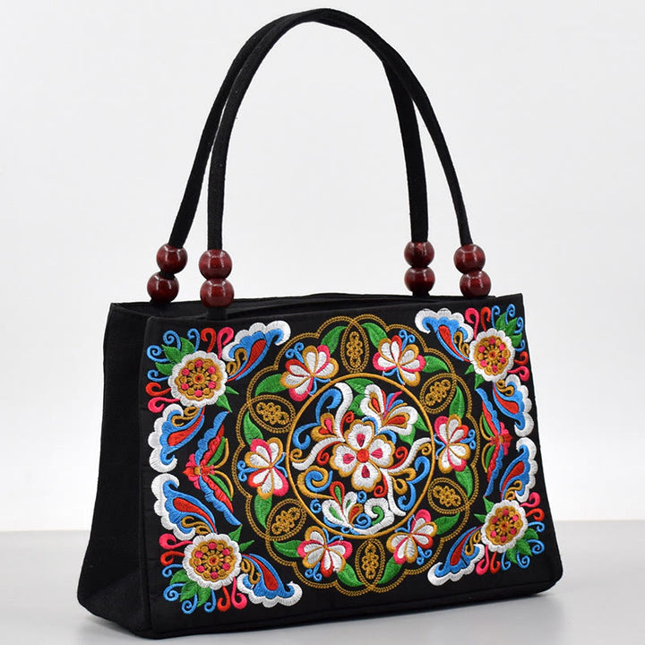 Buddha Stones Galsang Inula Flower Peony Peacock Double-Sided Embroidery Canvas Shopping Purse Handbag