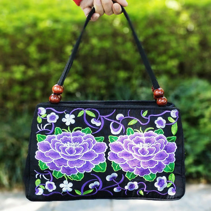 Buddha Stones Galsang Inula Flower Peony Peacock Double-Sided Embroidery Canvas Shopping Purse Handbag