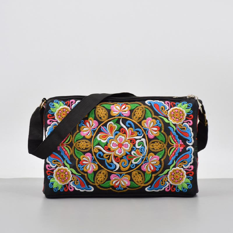 Buddha Stones Galsang Inula Flower Peony Peacock Double-Sided Embroidery Canvas Shopping Purse Handbag Crossbody Bag