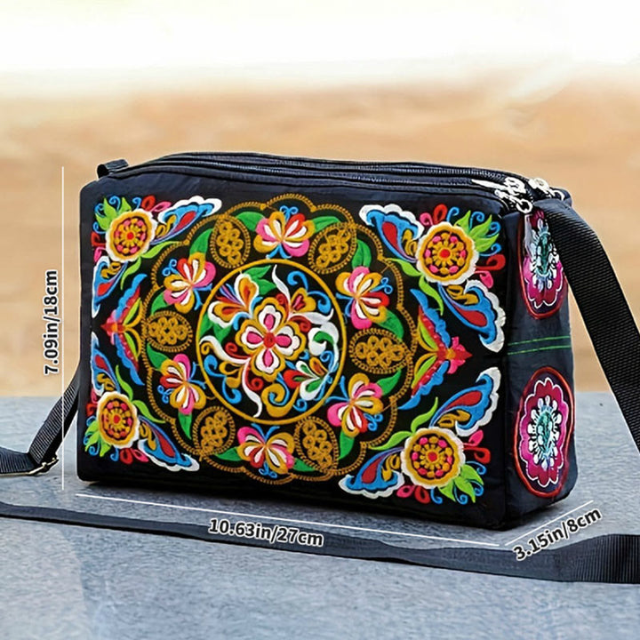 Buddha Stones Galsang Inula Flower Peony Peacock Double-Sided Embroidery Canvas Shopping Purse Handbag Crossbody Bag