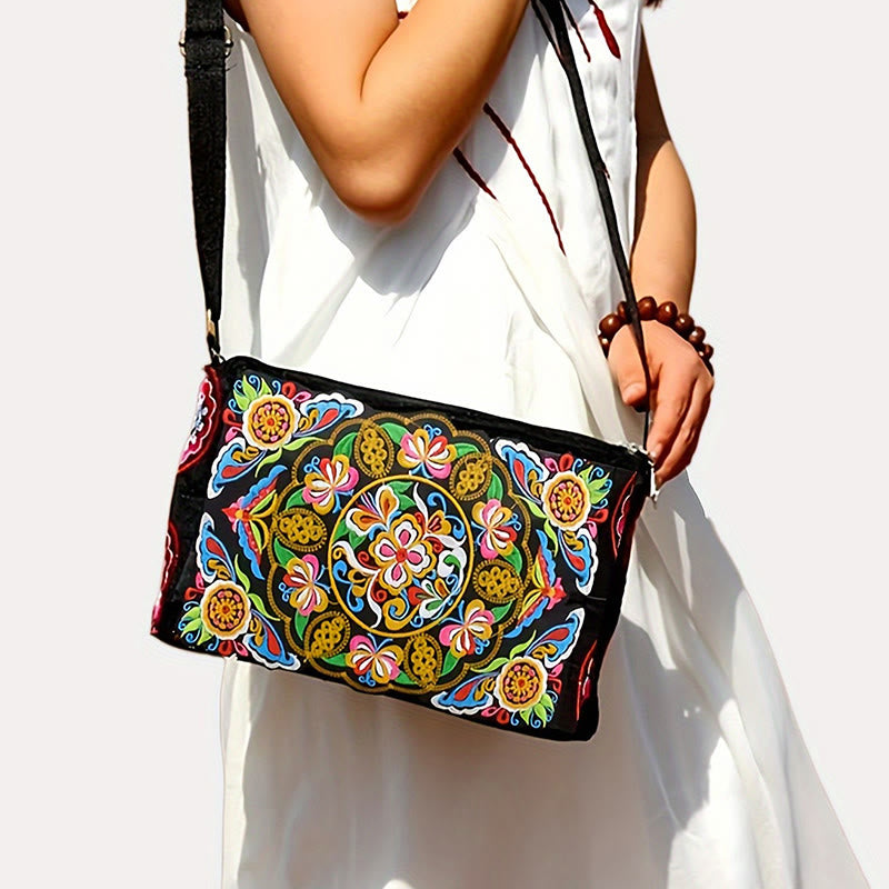 Buddha Stones Galsang Inula Flower Peony Peacock Double-Sided Embroidery Canvas Shopping Purse Handbag Crossbody Bag