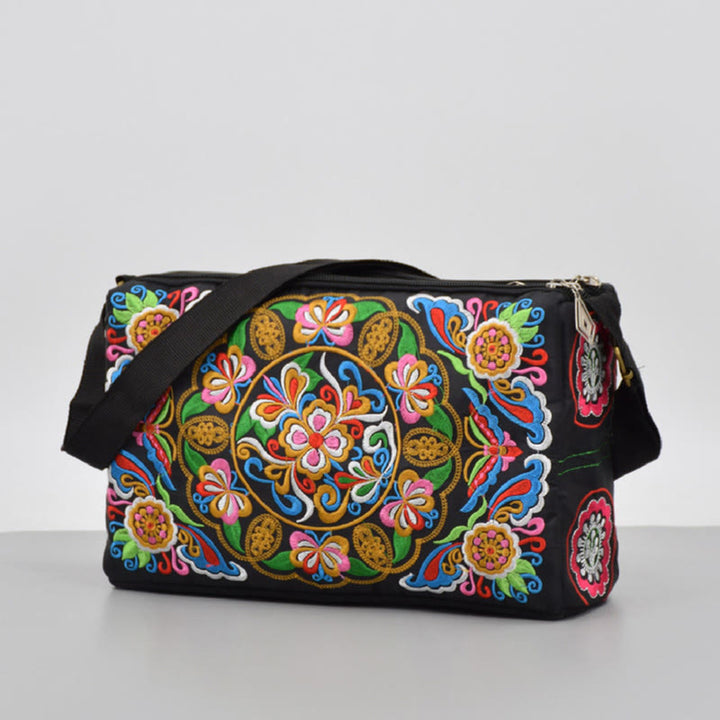 Buddha Stones Galsang Inula Flower Peony Peacock Double-Sided Embroidery Canvas Shopping Purse Handbag Crossbody Bag