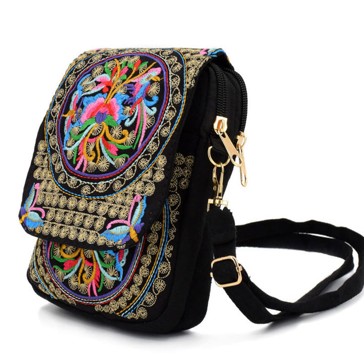 Buddha Stones Inula Flower Peony Embroidery Canvas Shopping Purse Handbag Crossbody Bag