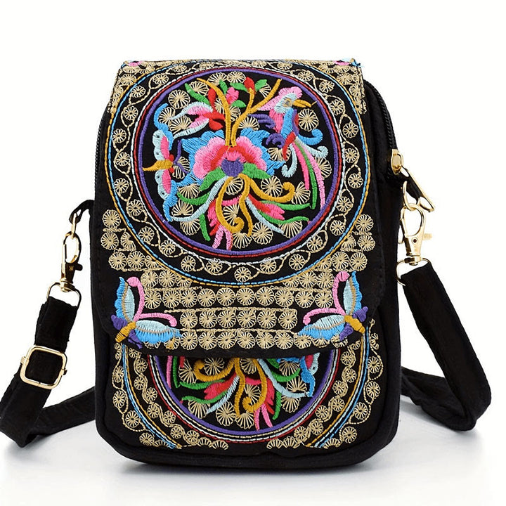 Buddha Stones Inula Flower Peony Embroidery Canvas Shopping Purse Handbag Crossbody Bag