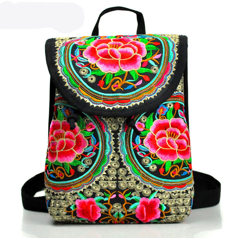 Buddha Stones Peony Chinese Money Tree Embroidery Canvas Backpack