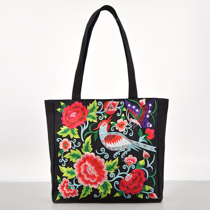 Buddha Stones Galsang Magpie Peony Camellia Chrysanthemum Embroidery Canvas Shopping Purse Handbag Shoulder Bag