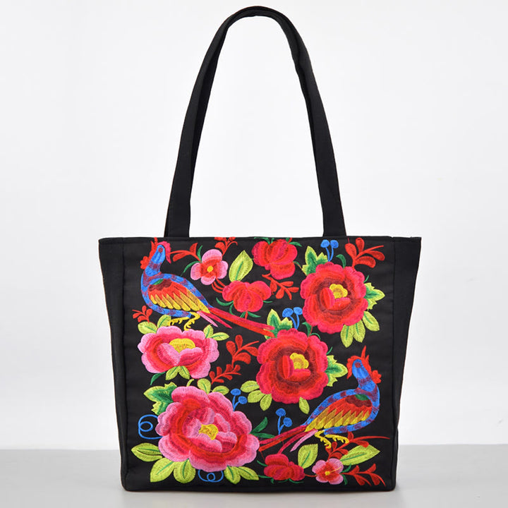 Buddha Stones Galsang Magpie Peony Camellia Chrysanthemum Embroidery Canvas Shopping Purse Handbag Shoulder Bag