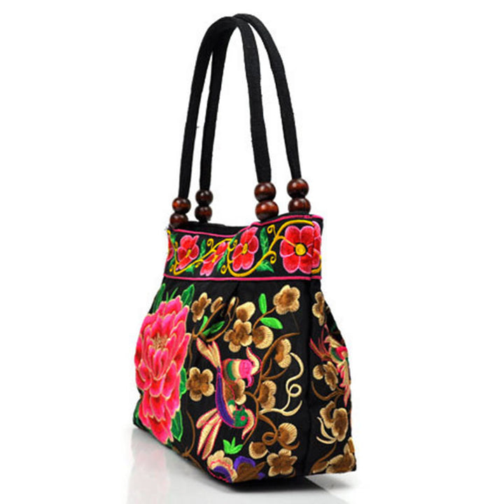 Buddha Stones Money Tree Peony Phoenix Apple Blossom Double-Sided Embroidery Cotton Canvas Shopping Purse Handbag