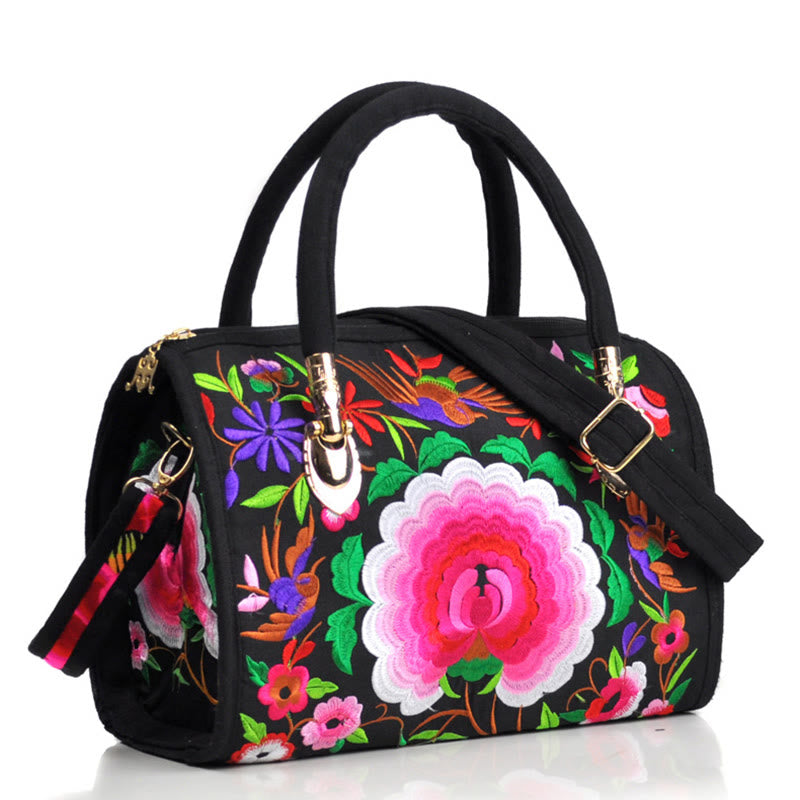 Buddha Stones Money Tree Peony Camellia Double-Sided Embroidery Canvas Shopping Purse Handbag Crossbody Bag