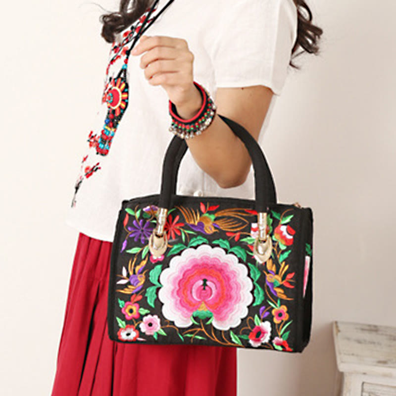 Buddha Stones Money Tree Peony Camellia Double-Sided Embroidery Canvas Shopping Purse Handbag Crossbody Bag