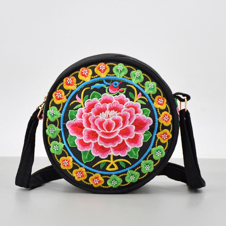 Buddha Stones Money Tree Galsang Inula Flower Peony Rose Peacock Double-Sided Embroidery Canvas Shopping Purse Handbag Crossbody Bag