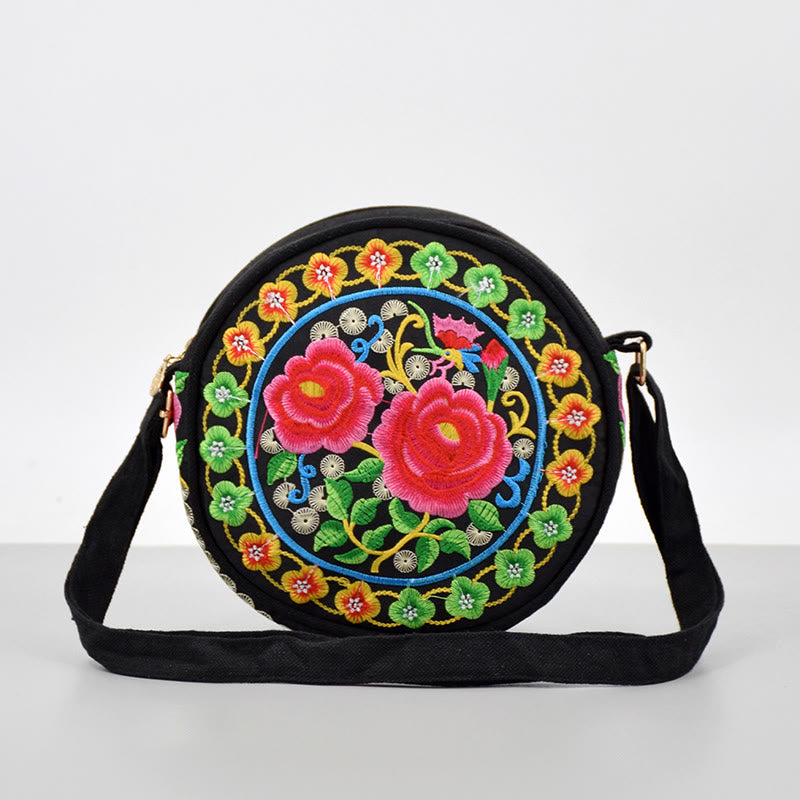 Buddha Stones Money Tree Galsang Inula Flower Peony Rose Peacock Double-Sided Embroidery Canvas Shopping Purse Handbag Crossbody Bag