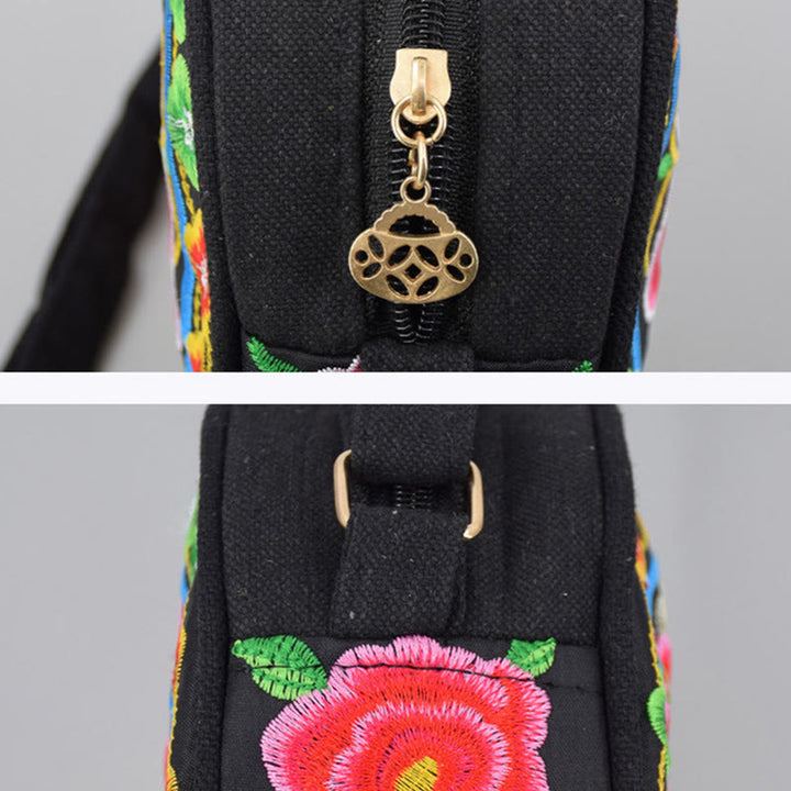 Buddha Stones Money Tree Galsang Inula Flower Peony Rose Peacock Double-Sided Embroidery Canvas Shopping Purse Handbag Crossbody Bag