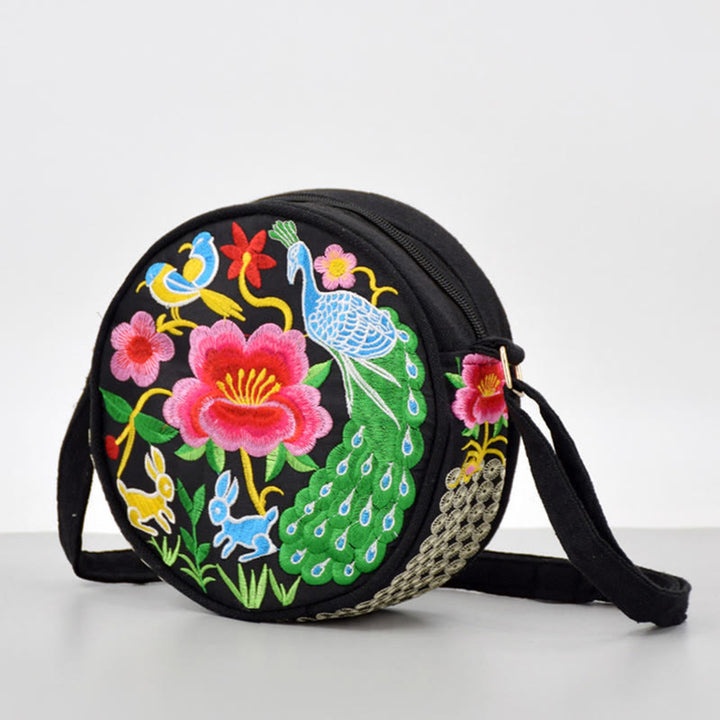 Buddha Stones Money Tree Galsang Inula Flower Peony Rose Peacock Double-Sided Embroidery Canvas Shopping Purse Handbag Crossbody Bag