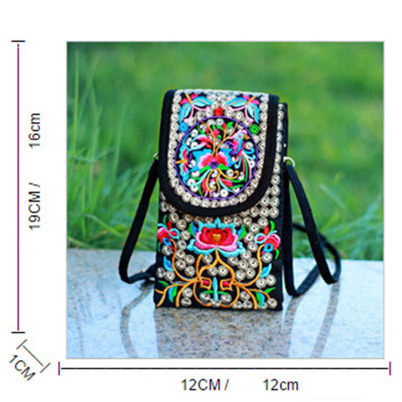 Buddha Stones Inula Flower Rose Embroidery Canvas Backpack Crossbody Bag