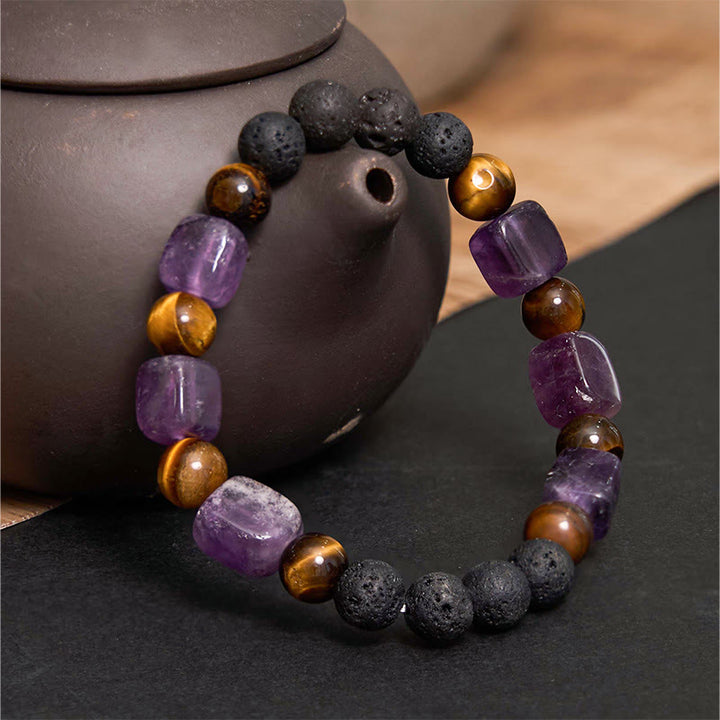 Buddha Stones Various Crystals Cube Amethyst Lava Rock Support Bracelet